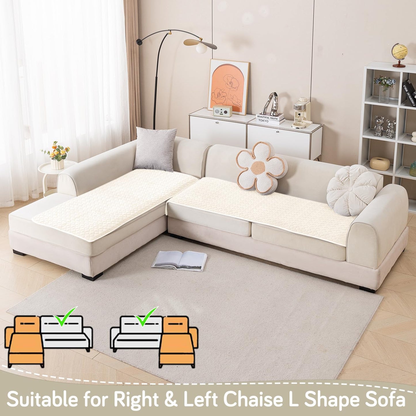 Diamond Plush Premium Quilted L Shape Sofa Cover Seat Mat, Cream