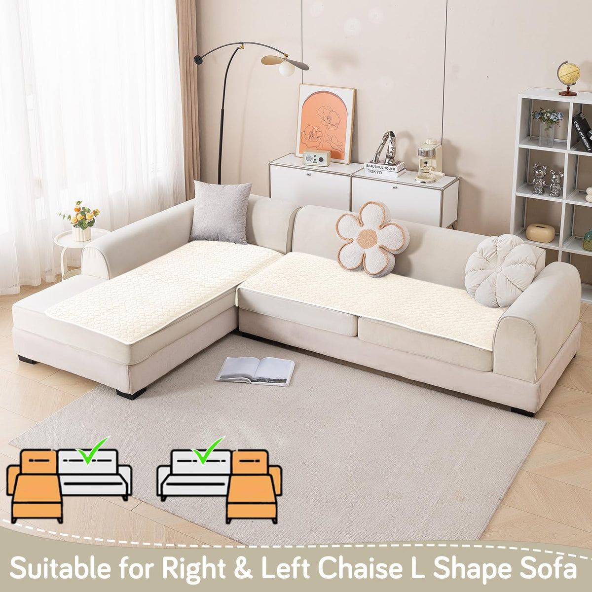 Diamond Plush Premium Quilted L Shape Sofa Cover Seat Mat, Cream