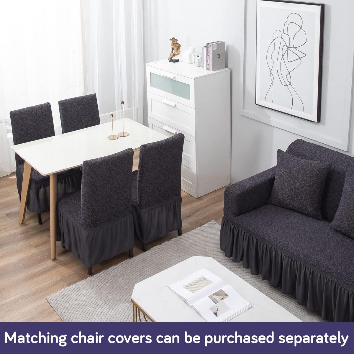Elastic Stretchable Designer Woven Jacquard Sofa Cover with Frill, Abbey Grey