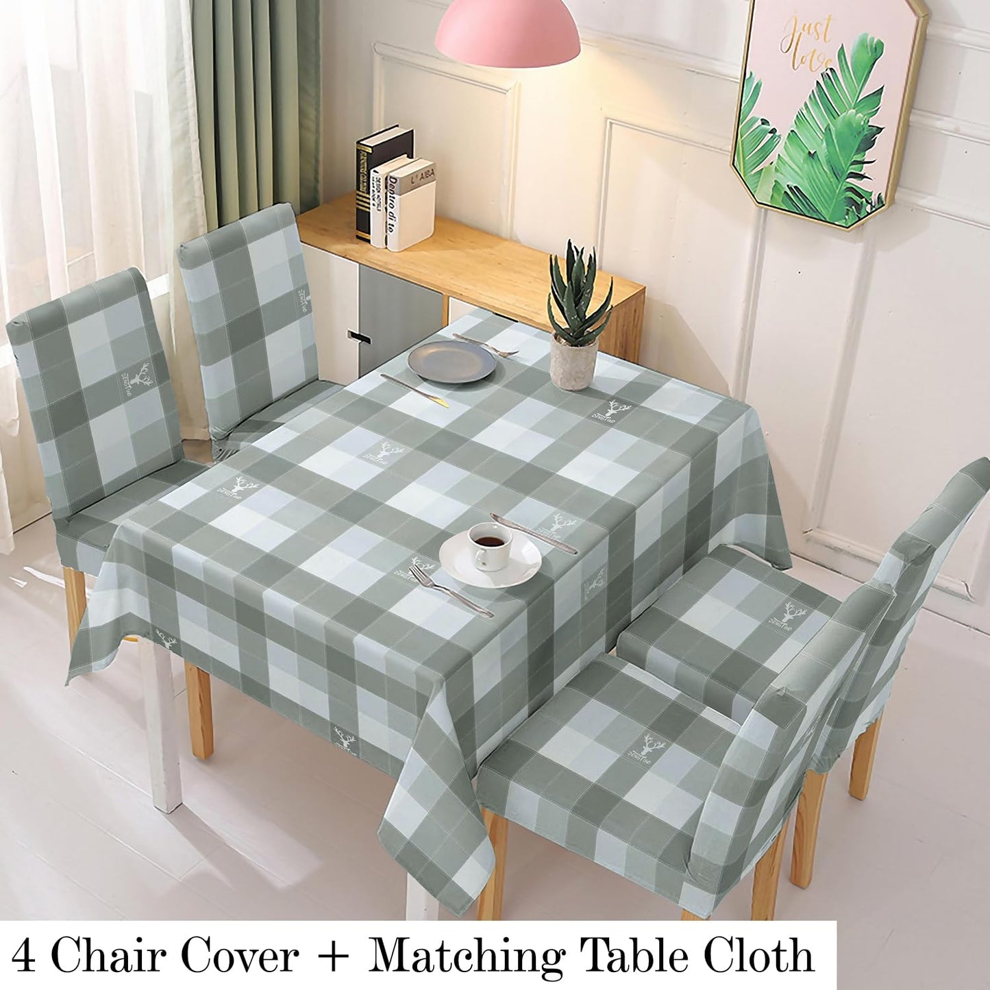 Polyester Dining Chair Covers Set of 4/6 with Matching Tablecloth, Checks Grey