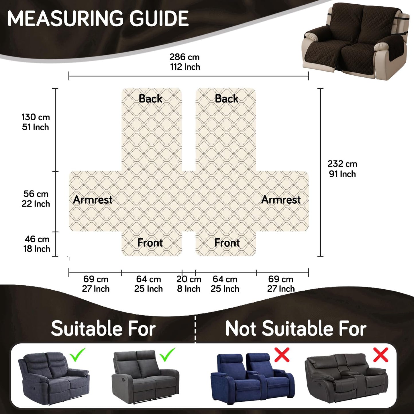 UrbanQuilt Recliner Sofa Slipcover Mat with Dual Belt for 1/2/3 Seater -  Chocolate Brown