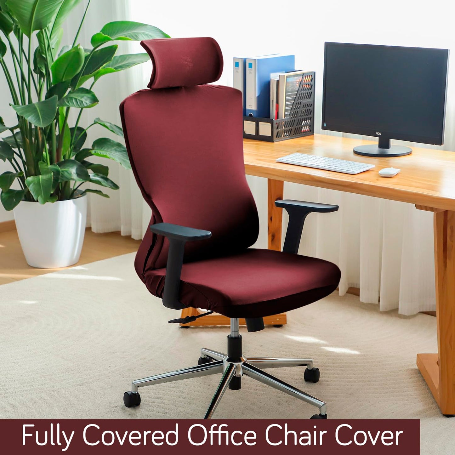 Office Chair Cover with Headrest and Stretchable Chair Seat Covers,  Burgundy