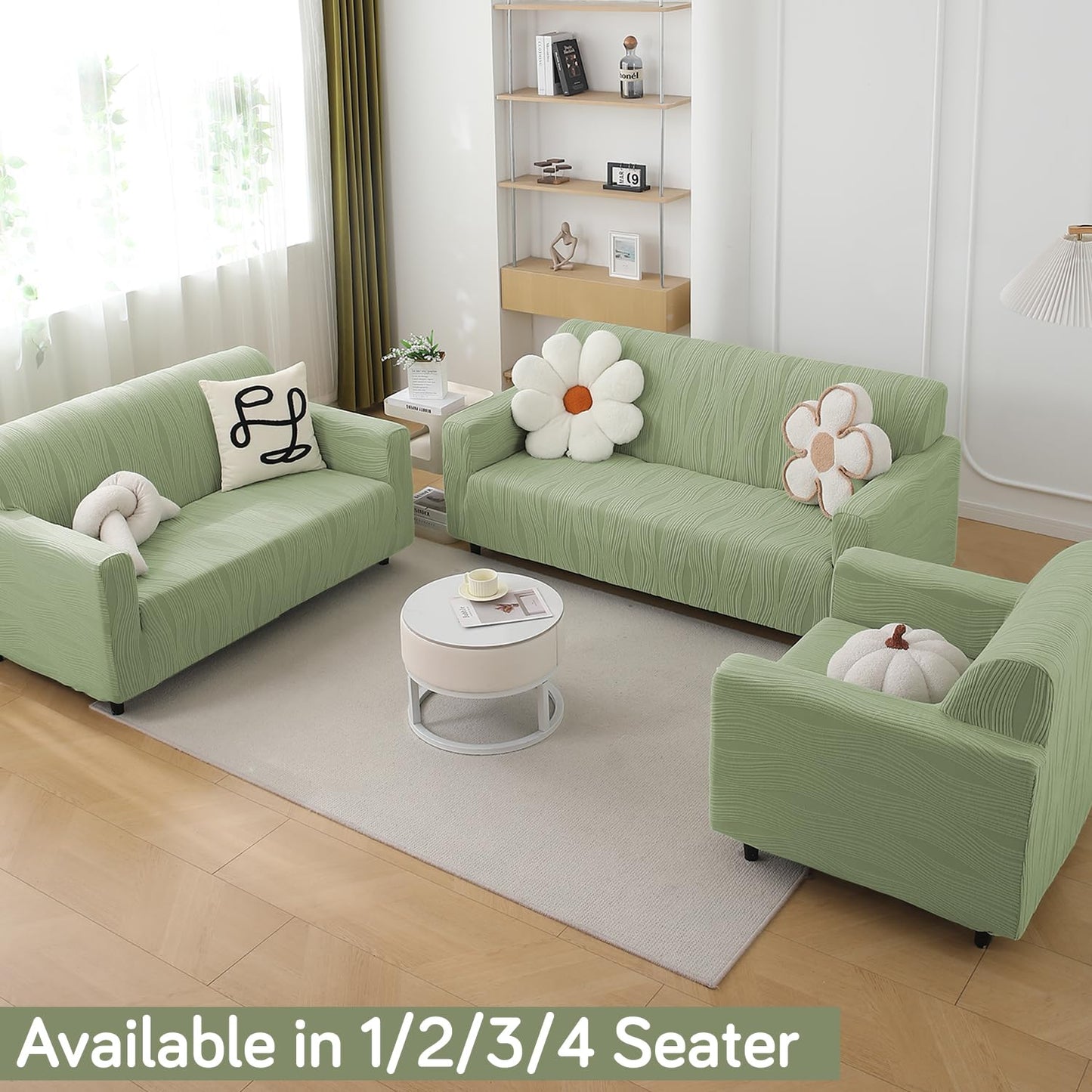 200gsm Knitting Jacquard Sofa Cover 1/2/3/4 Seater Fully Covered, Pastel Green