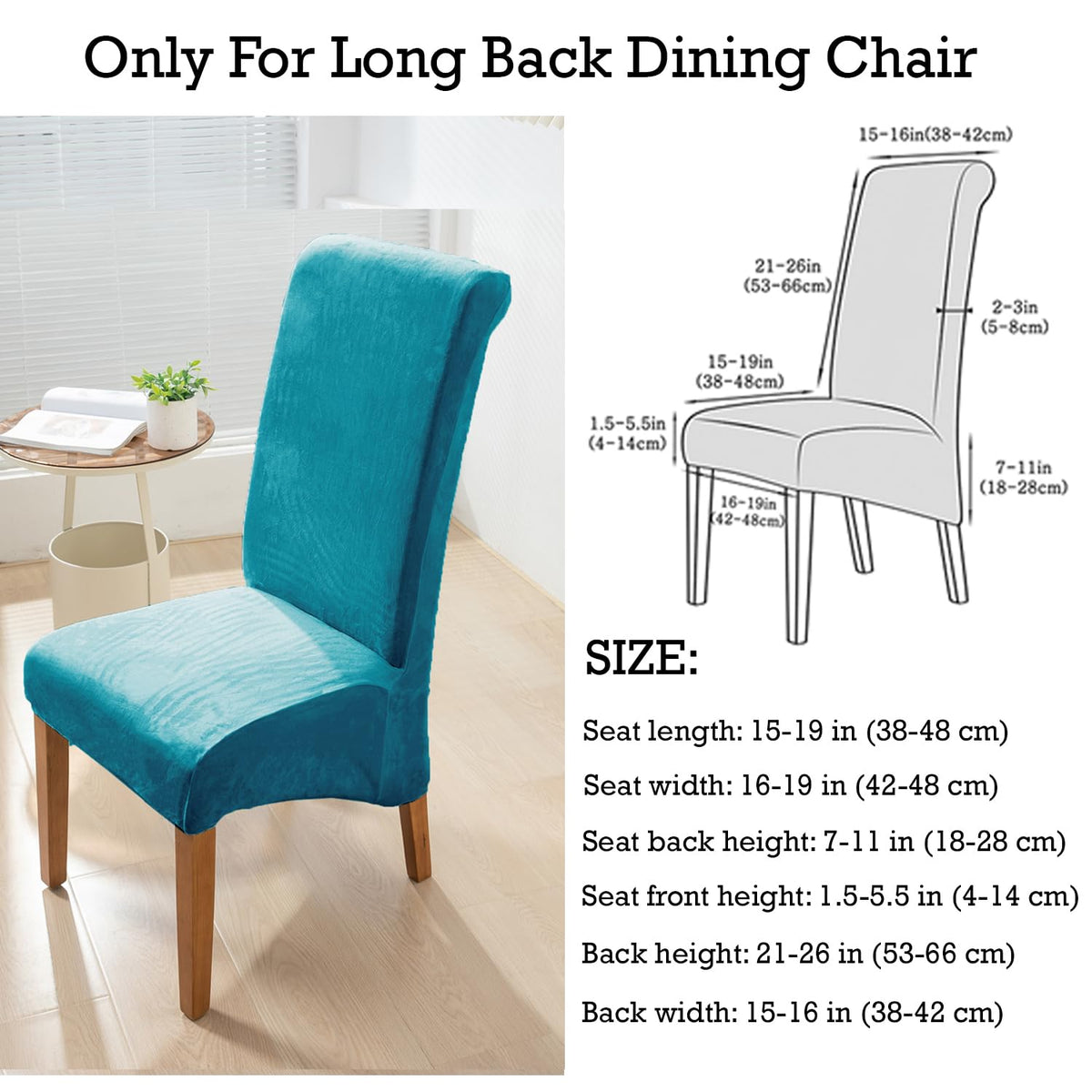 Elastic Stretchable Premium Velvet Long Back Dining Chair Cover, Turquoise
