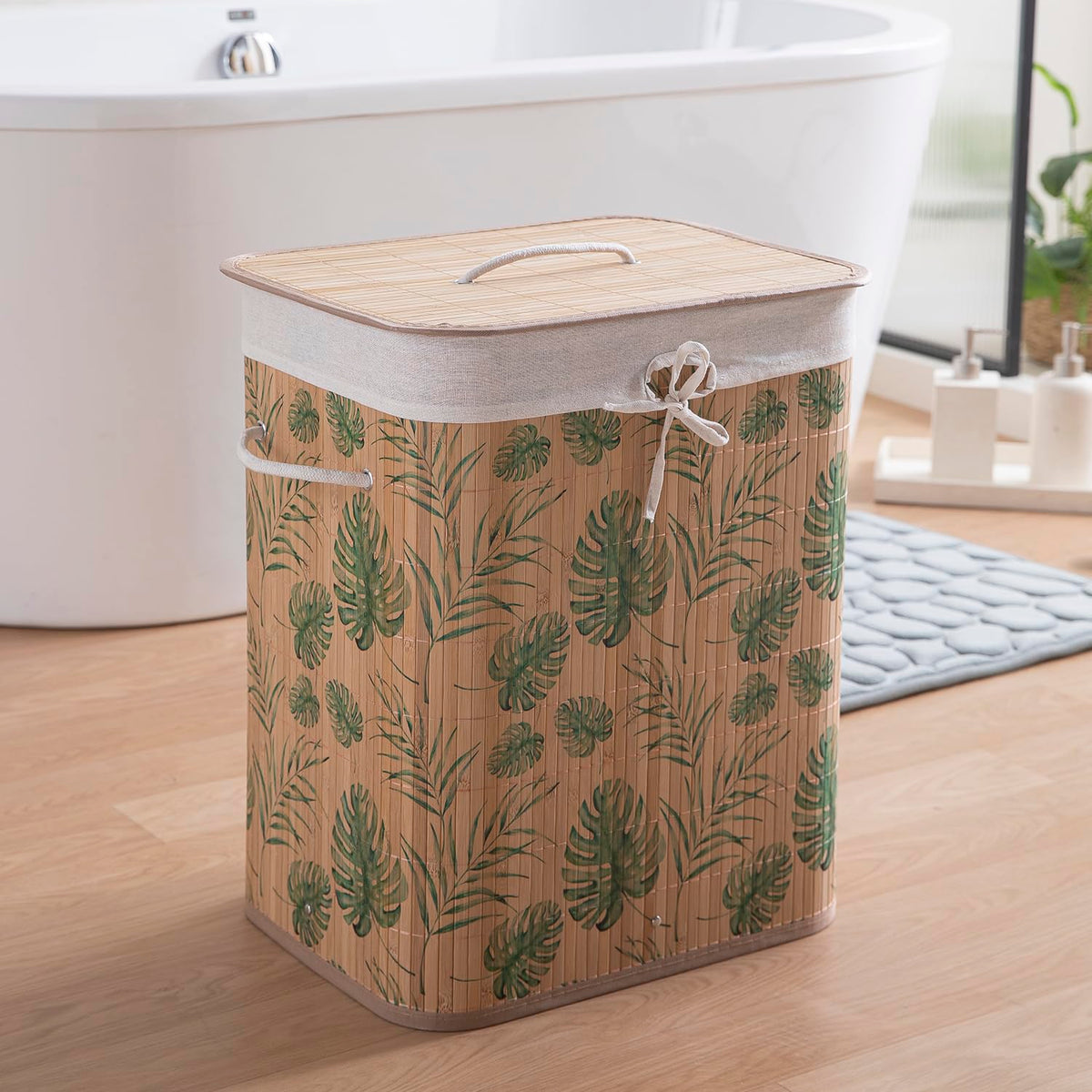 Eco-Friendly Foldable Bamboo Laundry Basket Hamper with Lid, Large - 60 Liter, Tropical Leaves
