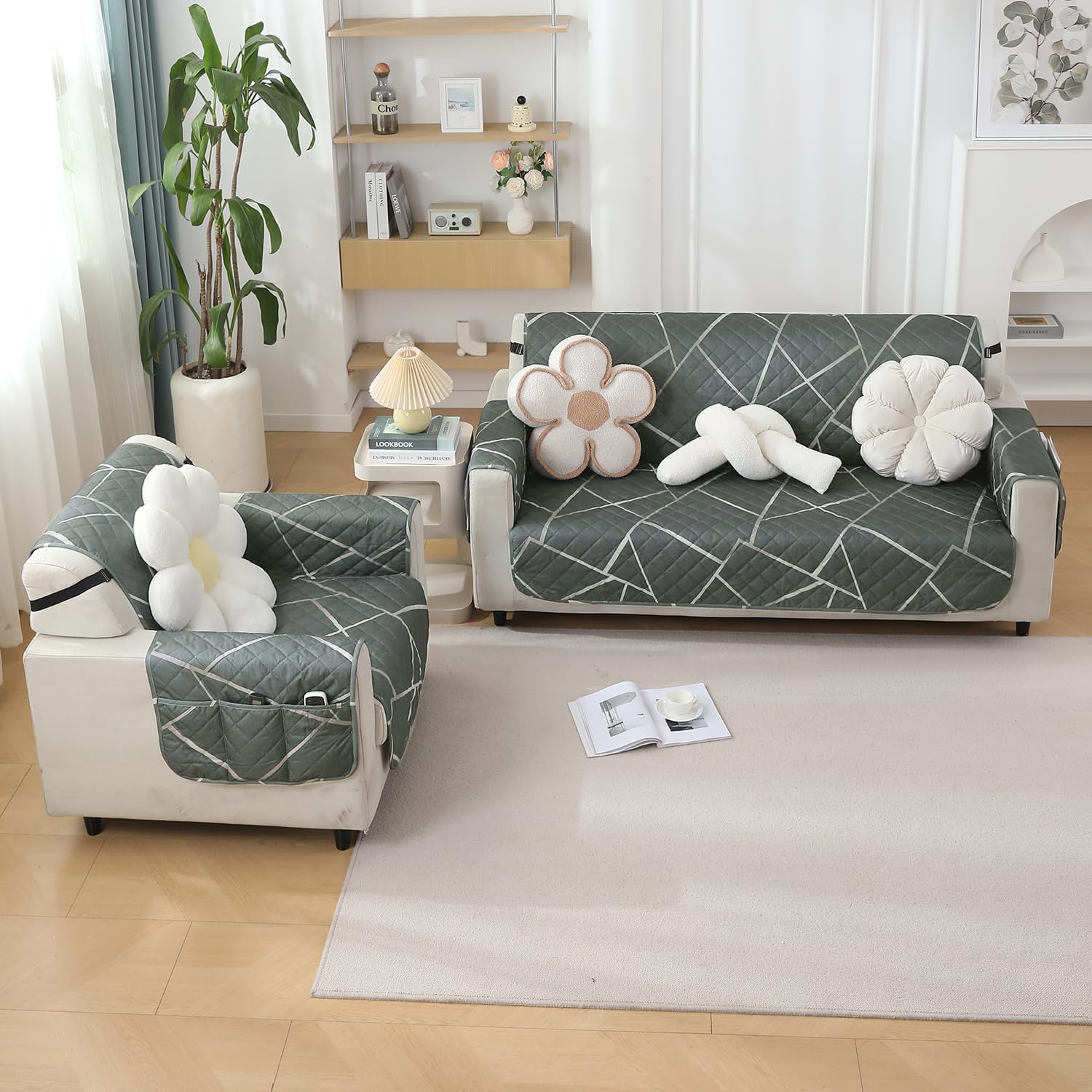 Abstract Geometric Shadow Grey print Quilted Waterproof Sofa Cover | Hokipo