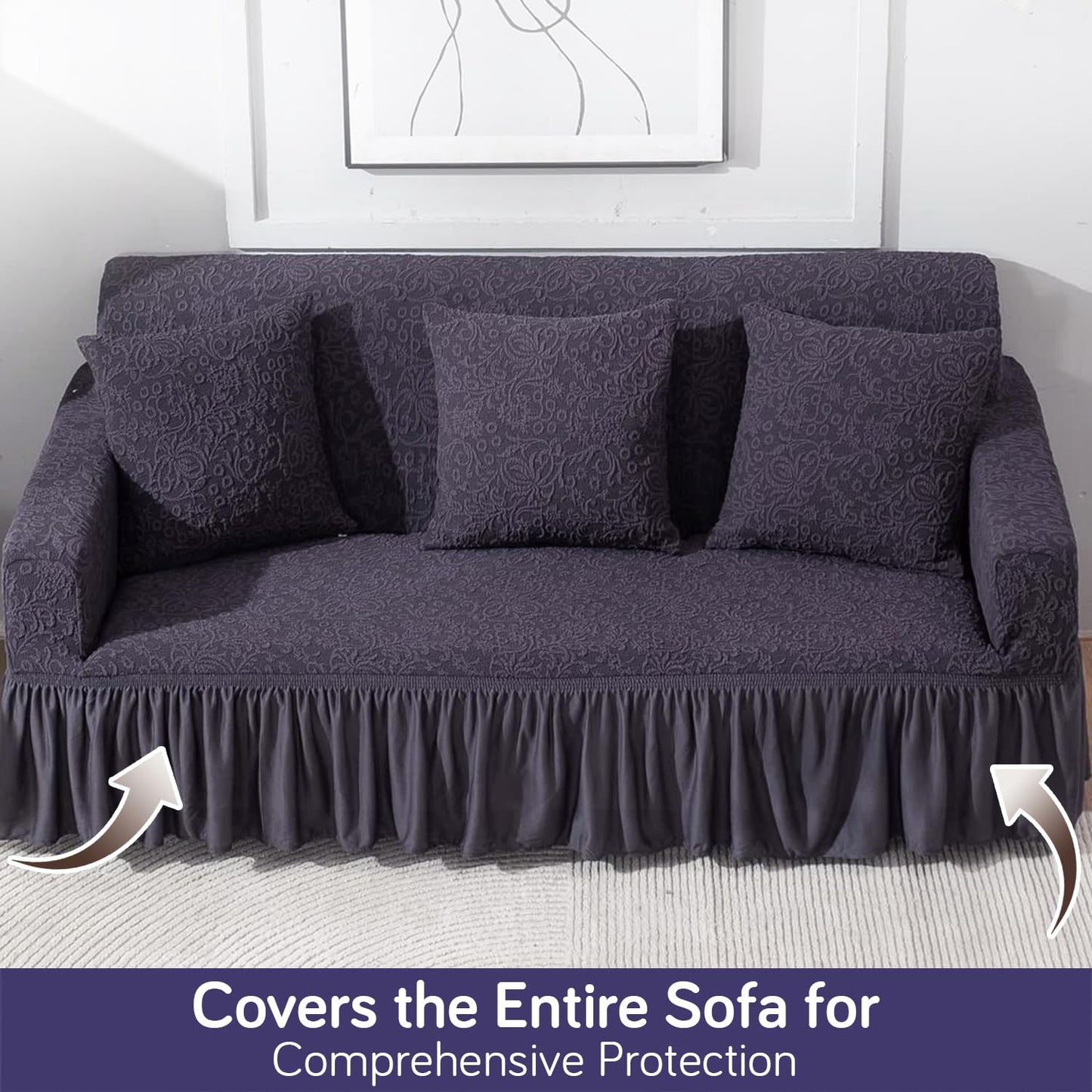 Elastic Stretchable Designer Woven Jacquard Sofa Cover with Frill, Abbey Grey