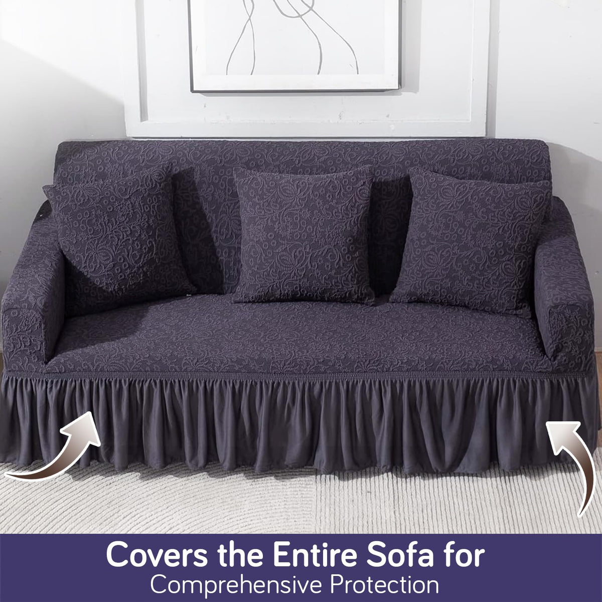 Elastic Stretchable Designer Woven Jacquard Sofa Cover with Frill, Abbey Grey