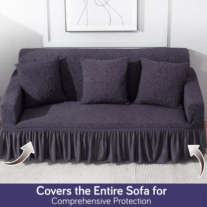 Elastic Stretchable Designer Woven Jacquard Sofa Cover with Frill, Abbey Grey