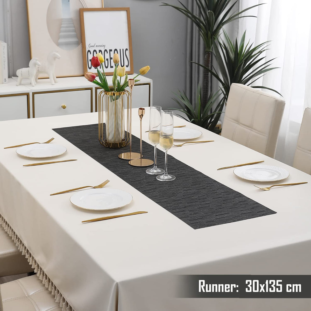 Buy Textured Black Colour PVC Table Runner for 4 Seater (30x135cm) | HOKIPO