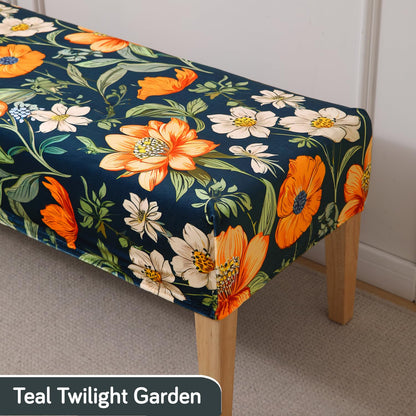 Premium Printed Velvet Dining Bench Cover, Teal Twilight Garden