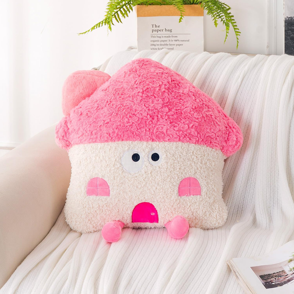 HOKIPO Mushroom House Shaped Cushion for Kids Room & Nursery, 46 cm, Cream