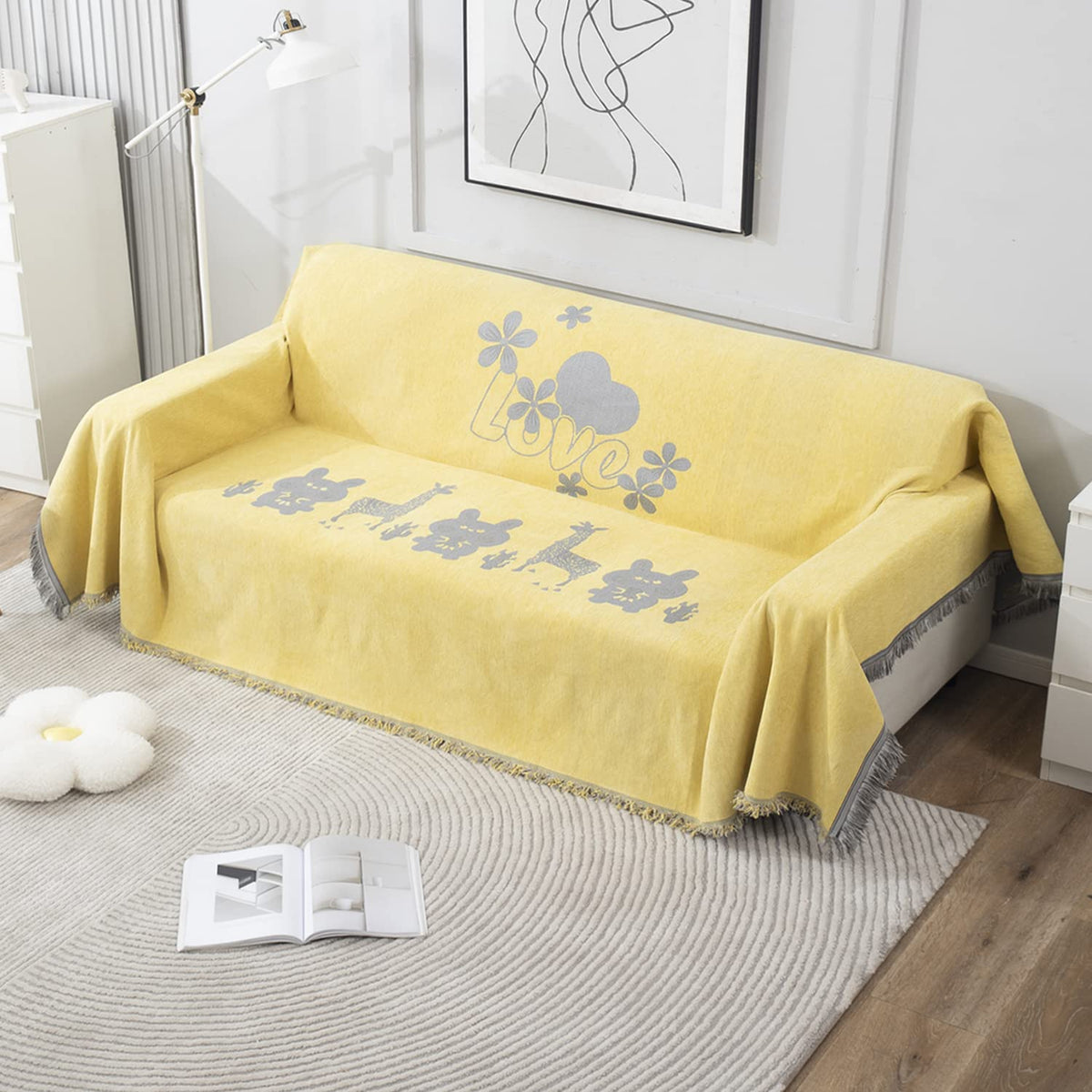Yellow Nature Chenille Sofa Throw Blanket | 1/2/3 Seater Couch Throw