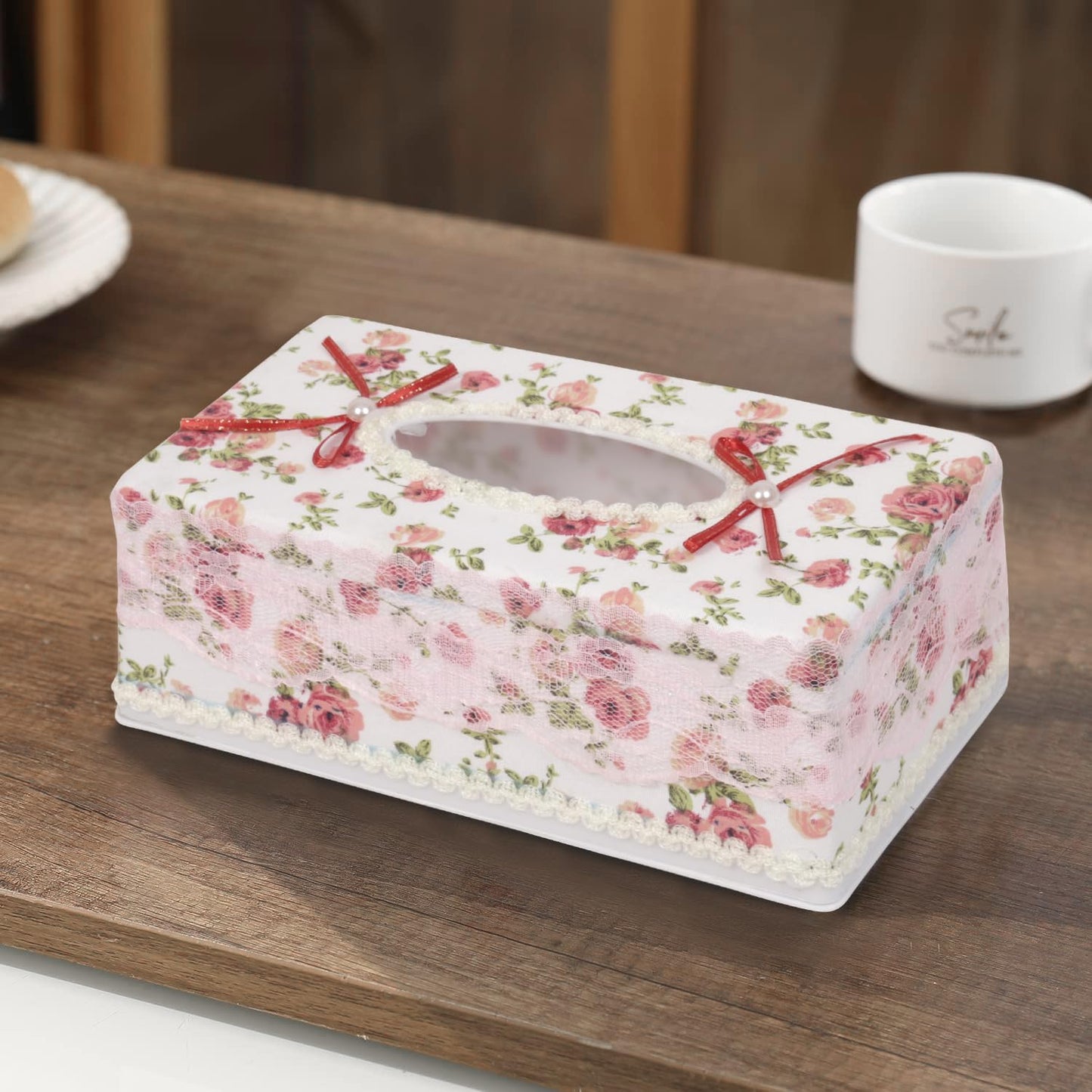 Plastic Tissue Box Holder, Flower Red