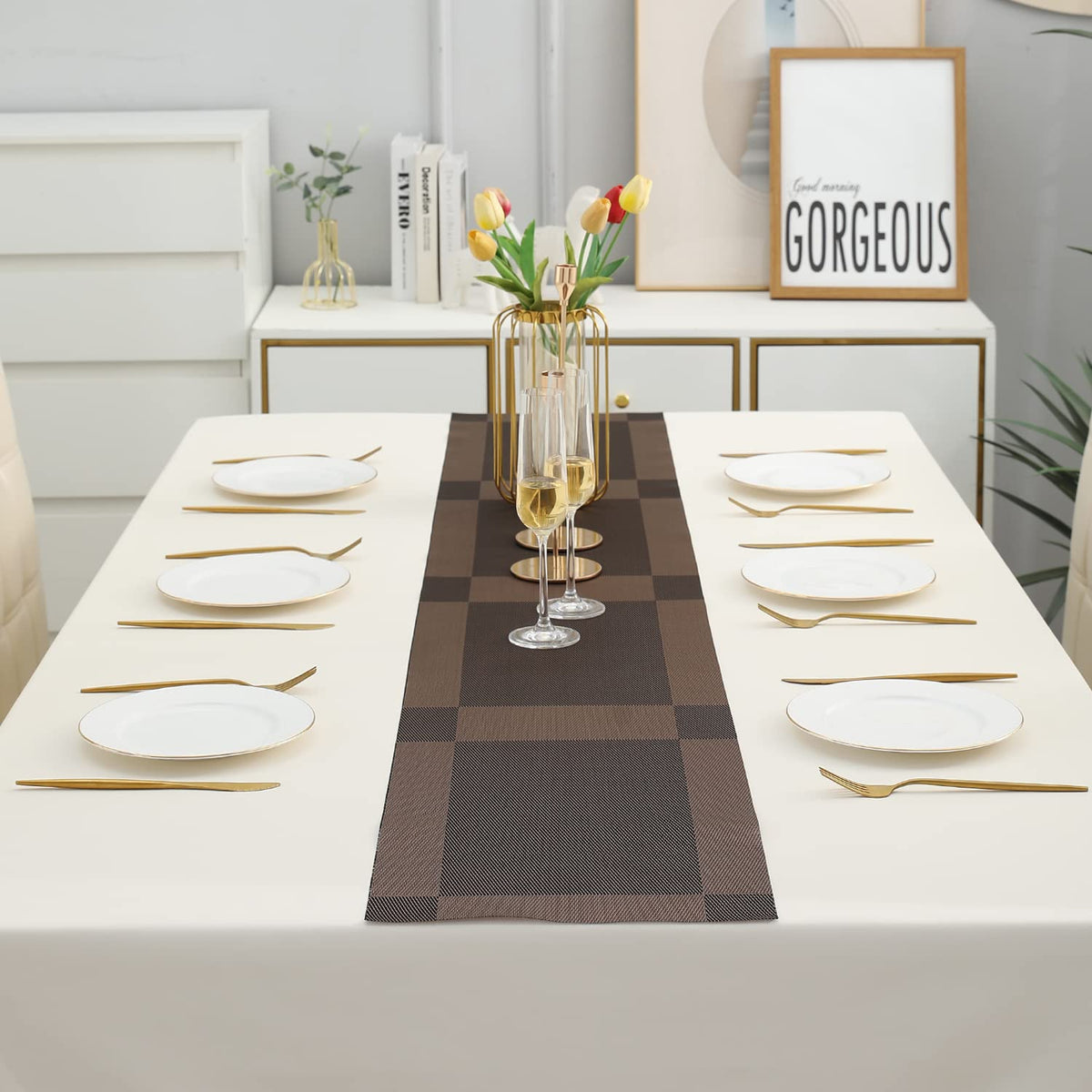 Buy Brown Colour PVC Dining Table Runner - HOKIPO | Har Ghar Ka Humsafar
