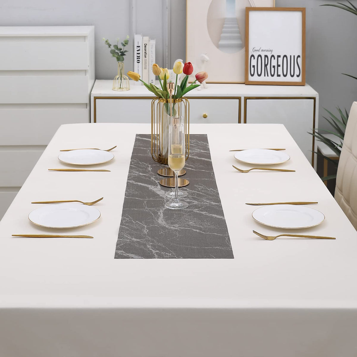 Buy Abstract Brown Colour PVC Dining Table Runner for 4 Seater Tables | HOKIPO