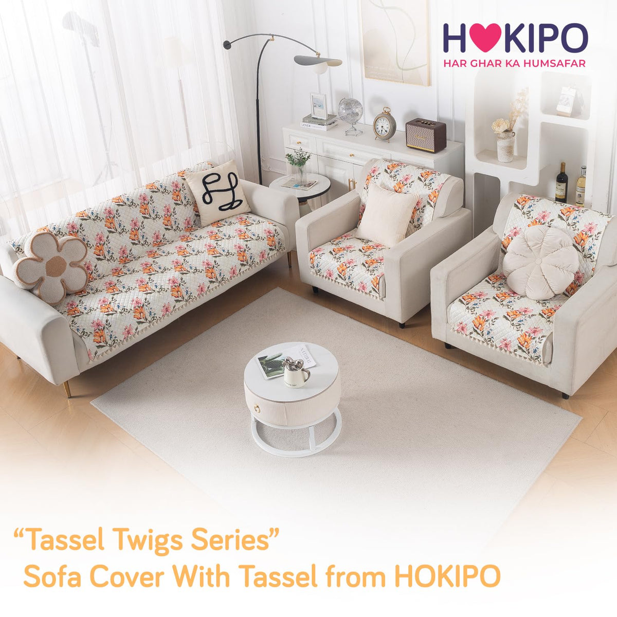 Quilted Sofa Cover 5-Seater Sofa Cover (3+1+1), Tassel Twigs | Painterly Floral