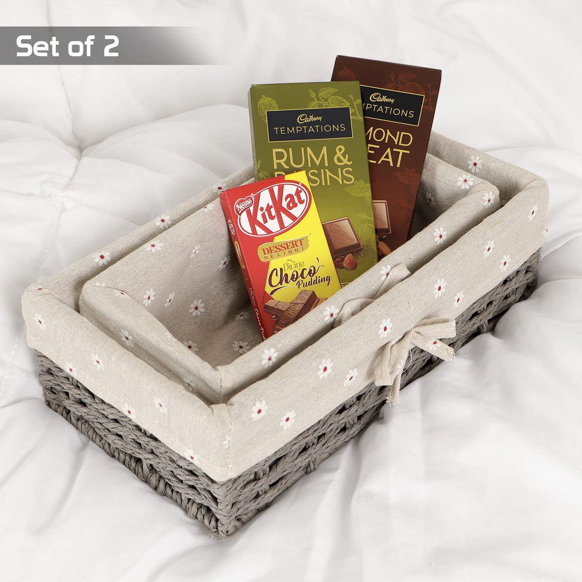 Eco-Friendly Handwoven Paper Weave Wicker Oval Basket For Home, Office, Wardrobe. Pack Of 2, Grey