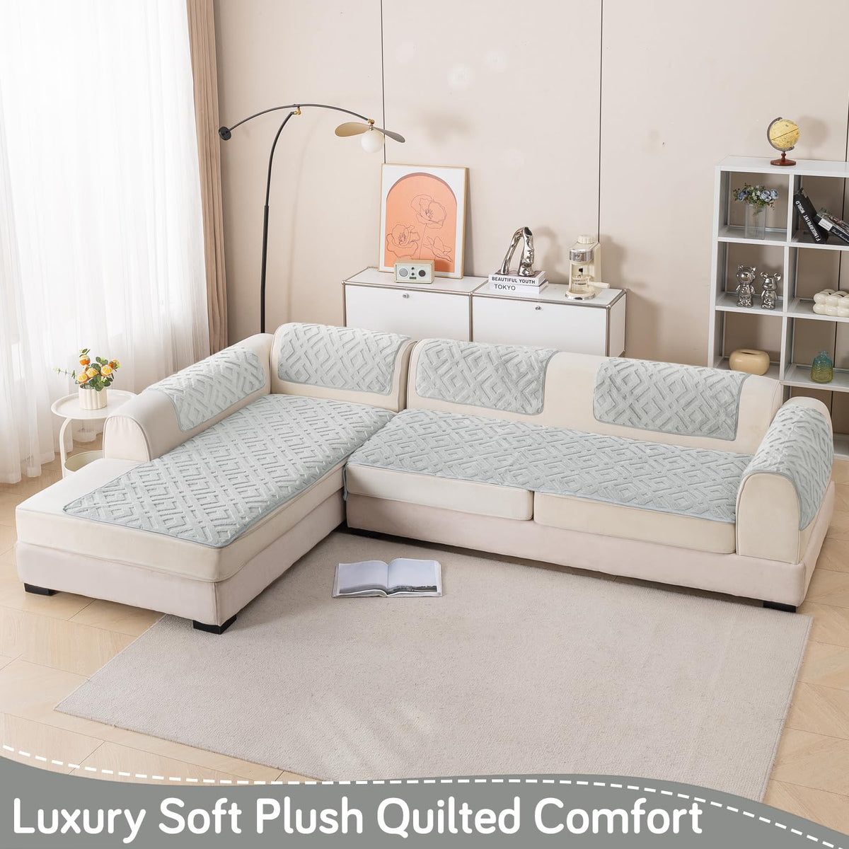 Velvet Maze Premium L Shape Sofa Cover Seat Mat, Light Grey
