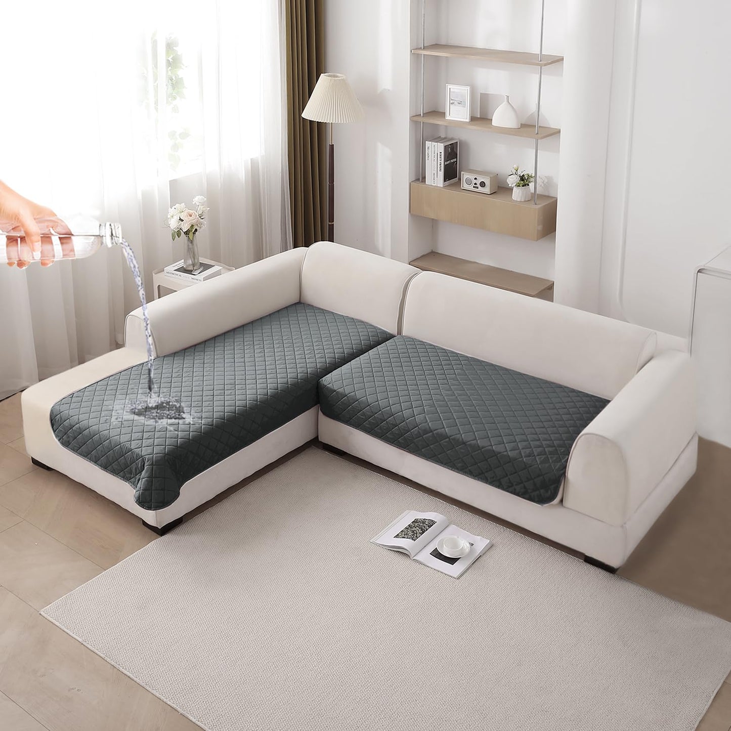 HOKIPO Waterproof Quilted Quick Dry L Shape Sofa Seat Cover Mat, Dark Grey