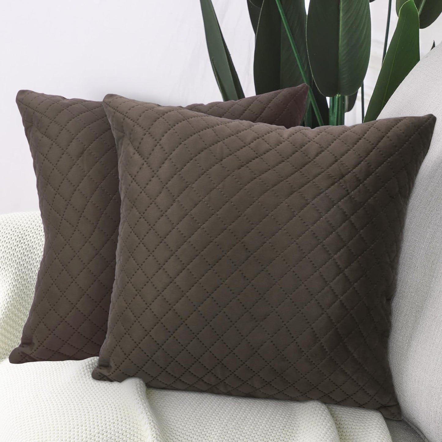 Quilted Velvet Sofa Cushion Cover Pack of 2, Taupe Brown