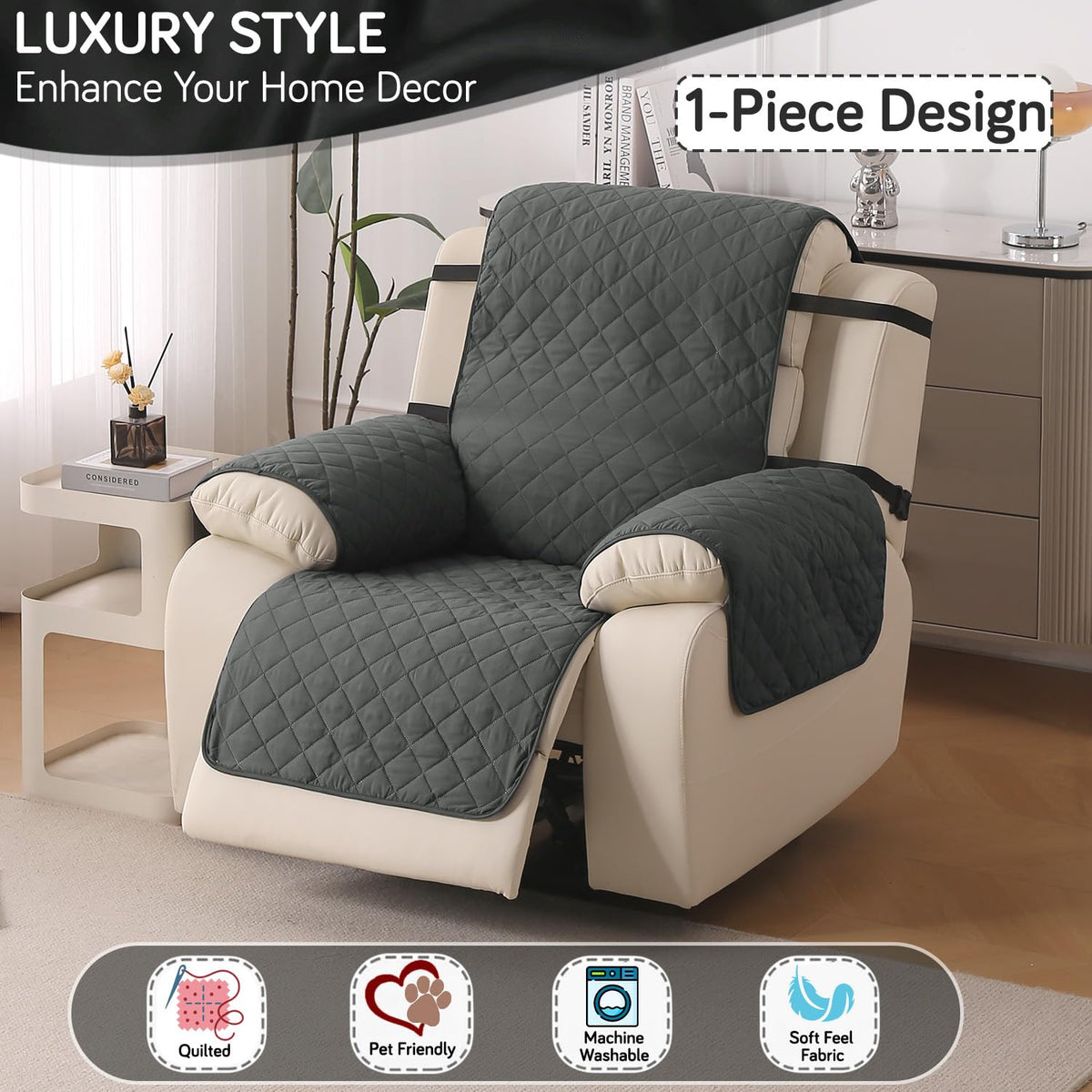UrbanQuilt Recliner Sofa Slipcover Mat with Dual Belt for 1/2/3 Seater - Anchor Grey