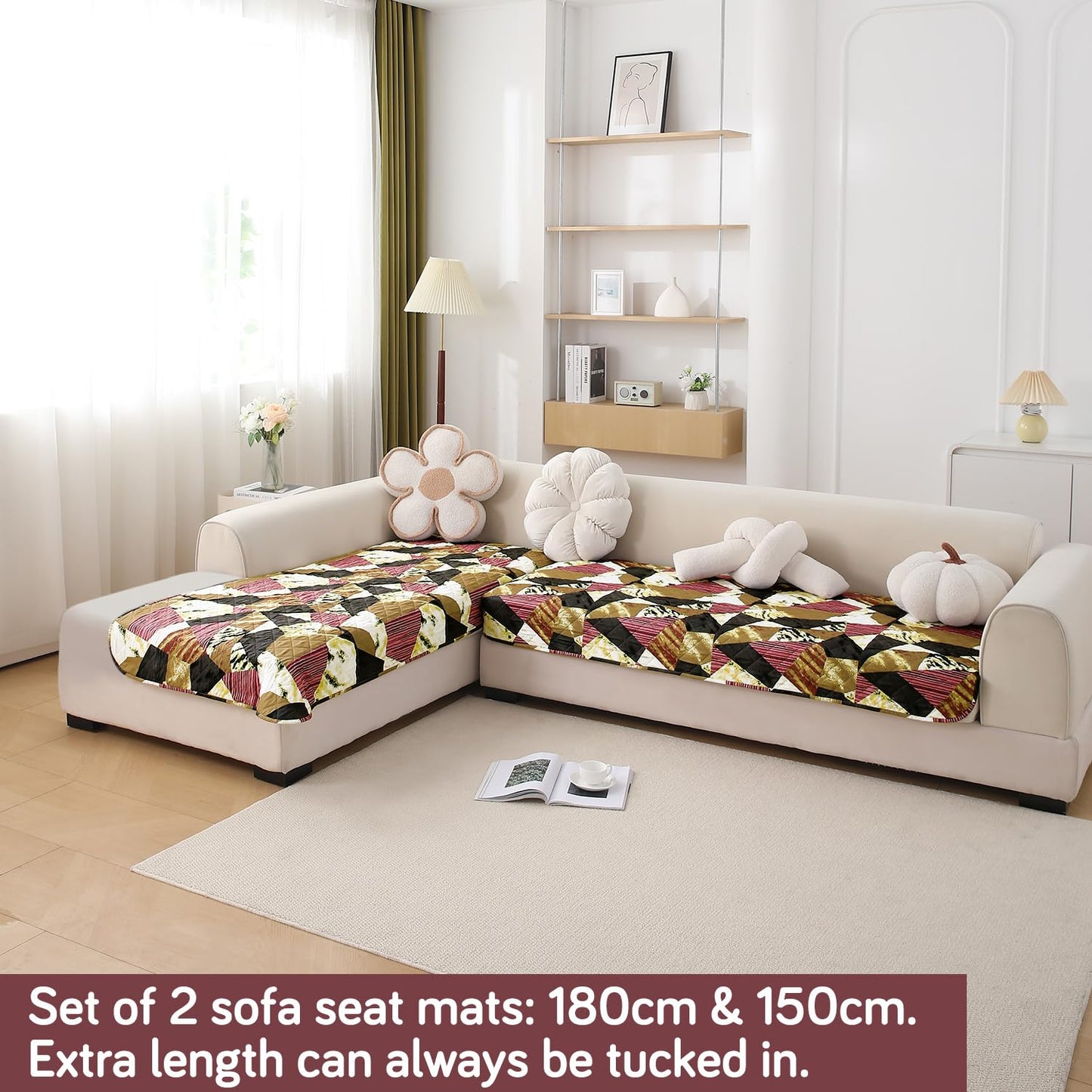 HOKIPO Waterproof Printed Quilted Quick Dry L Shape Sofa Seat Cover Mat, Wine Abstract Geometry