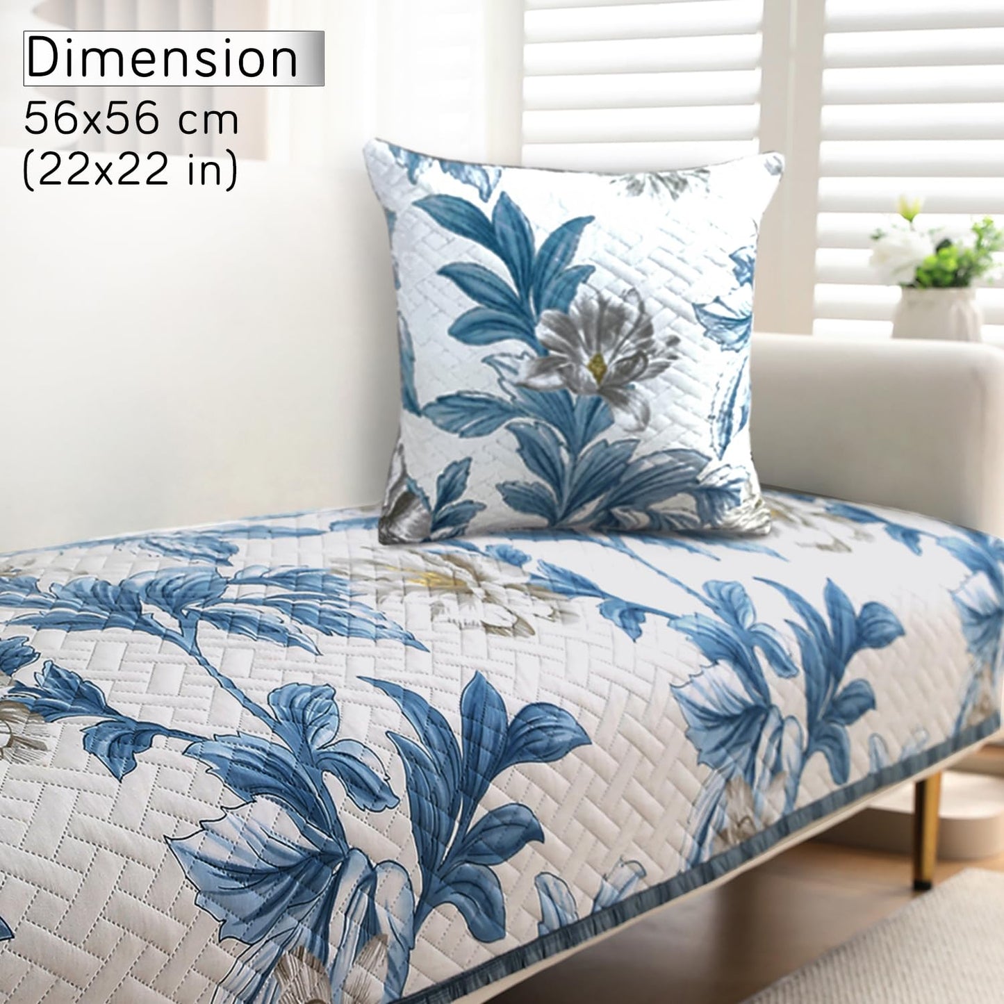 HOKIPO Printed Quilted Sofa Cushion Cover Pack of 2, Celadon Blue Camellia