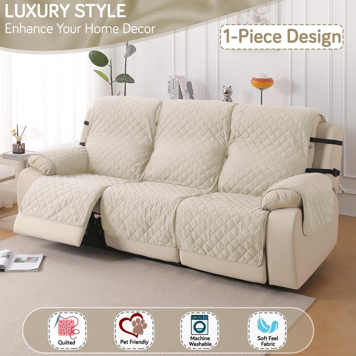 UrbanQuilt Recliner Sofa Slipcover Mat with Dual Belt for 1/2/3 Seater - Cream