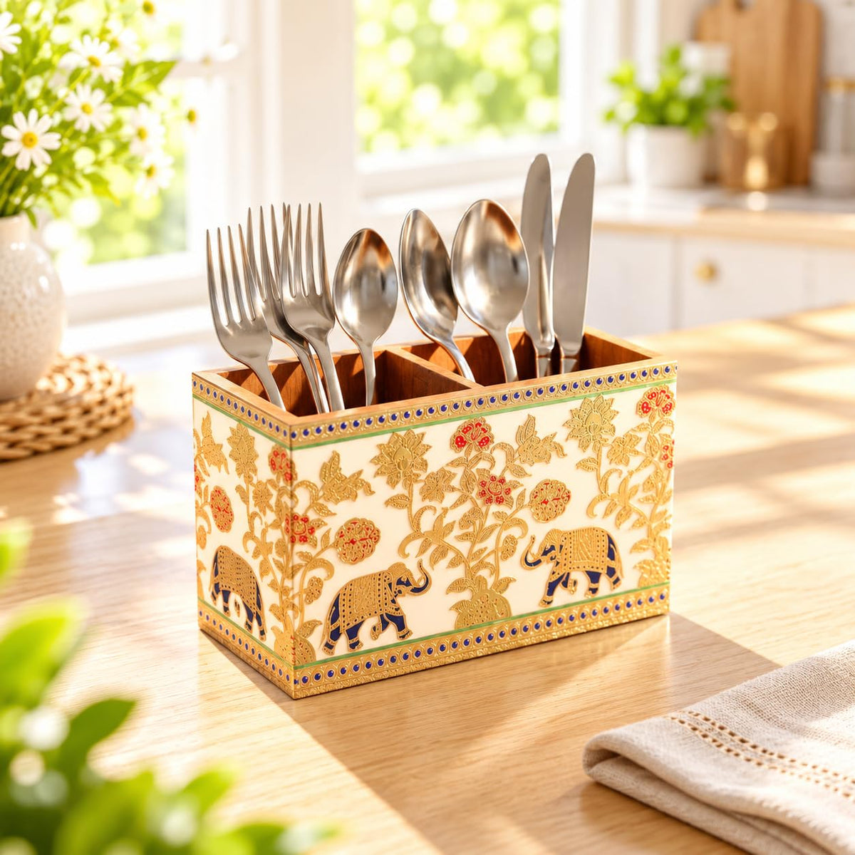 HOKIPO Cutlery Holder for Dining Table, Engineered Wood, Indigo Flora - image 17