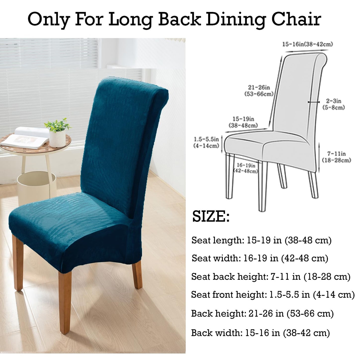 Elastic Stretchable Premium Velvet Long Back Dining Chair Cover, Peacock Blue