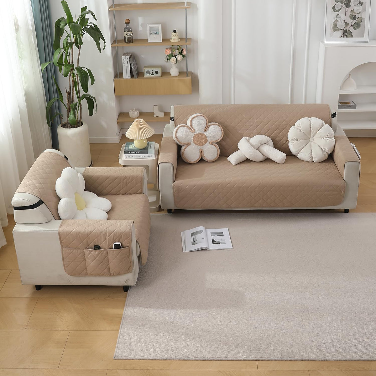 Quilted Waterproof Sofa Cover Mat with Pockets on Armrest Cover -  Beige