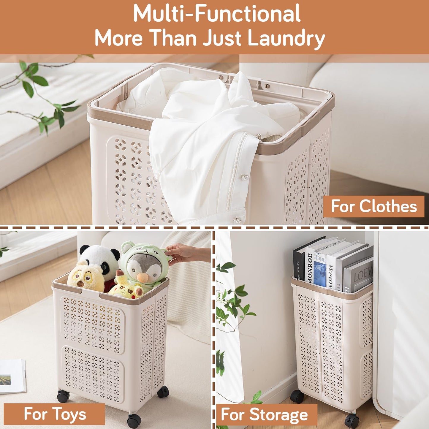 HOKIPO Foldable Laundry Basket with Wheels for Clothes, Toys & More - Beige