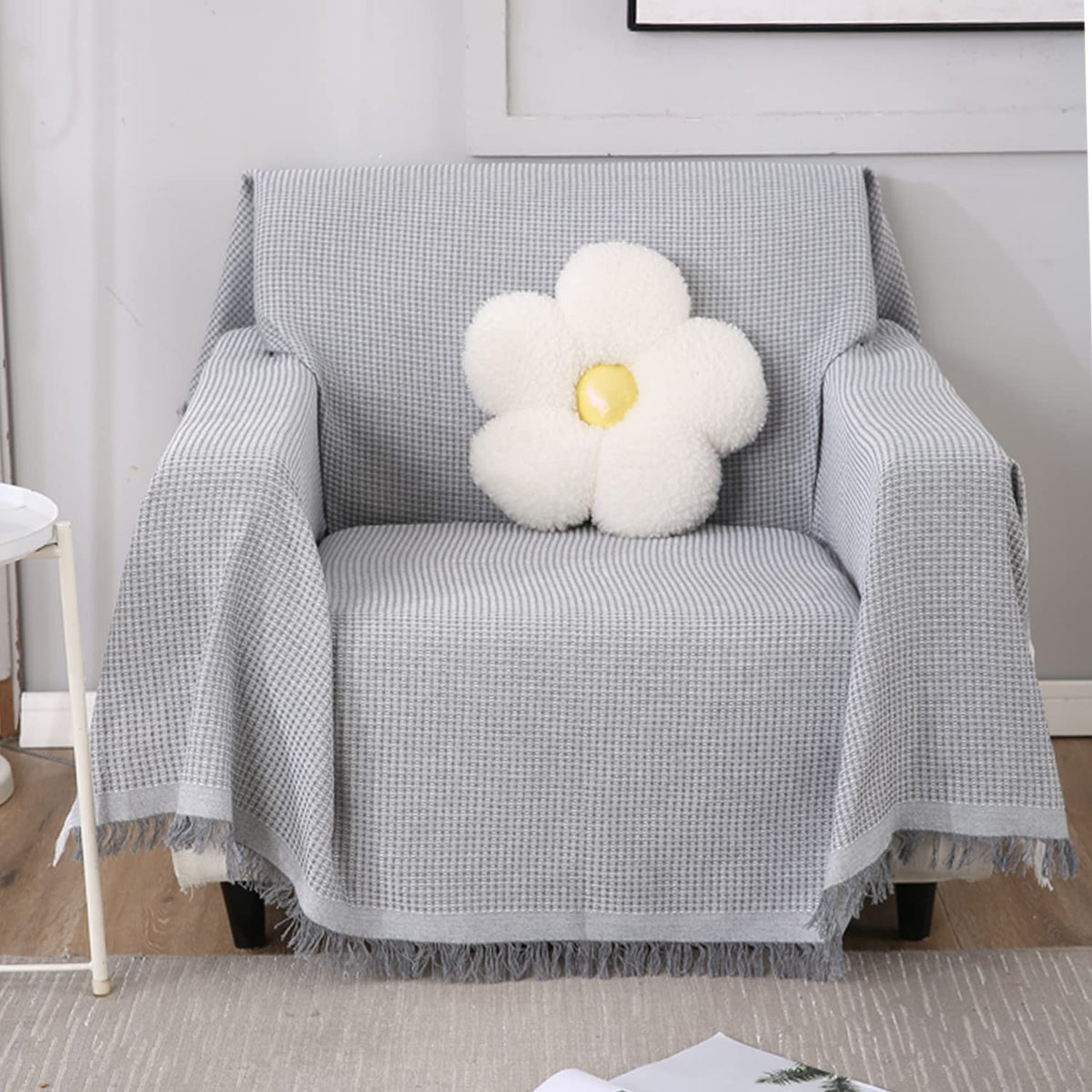 Elegant Grey colour polycotton sofa throw of size 180(D)x180(L) for single seater sofa chair 
