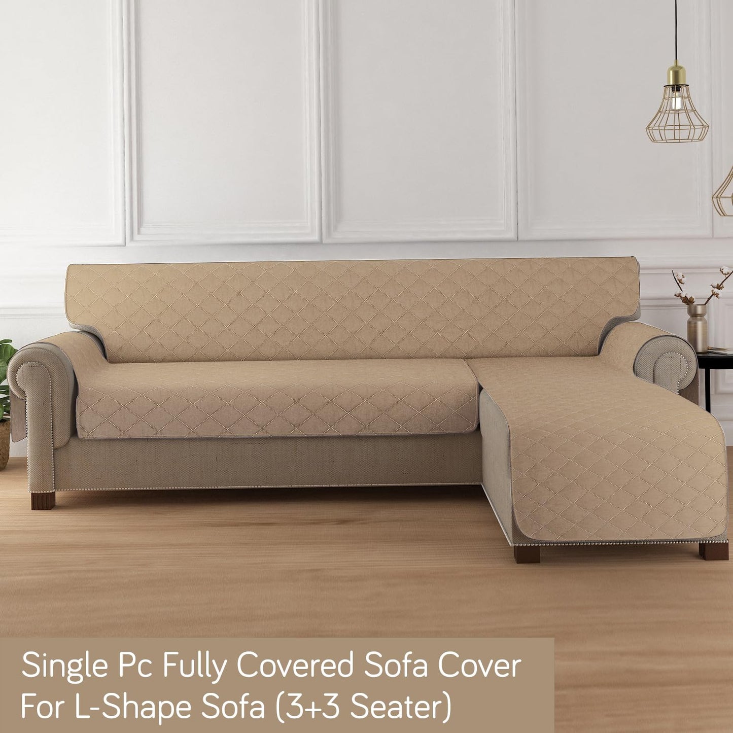 HOKIPO Quilted Reversible One Piece L Shape 4/5/6 Seater Sofa Cover Mat, Camel