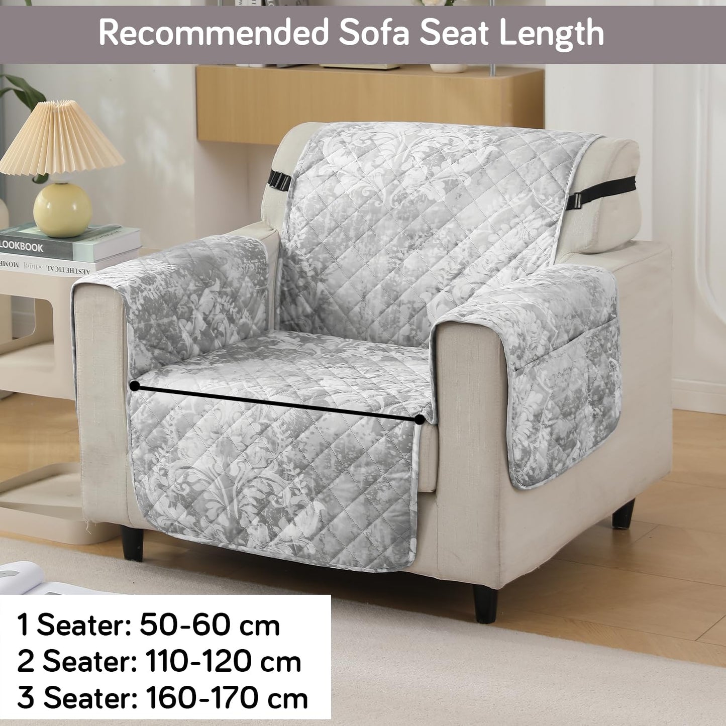 HOKIPO Quilted Waterproof Sofa Cover Mat with Pockets on Armrest Cover - Motifs Cloud Grey