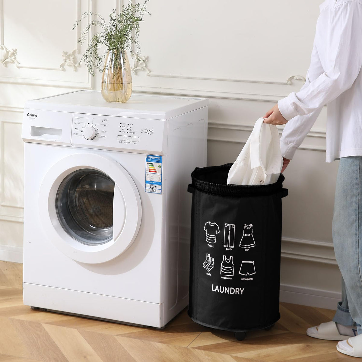 Laundry Basket Foldable Hamper With Wheels, Black