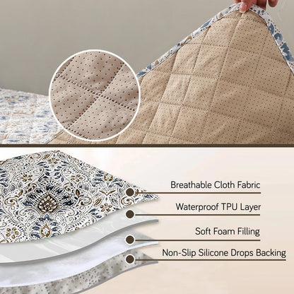 HOKIPO Quilted Waterproof Sofa Seat Mat with 2 Armrest Covers with Pockets, Damask White