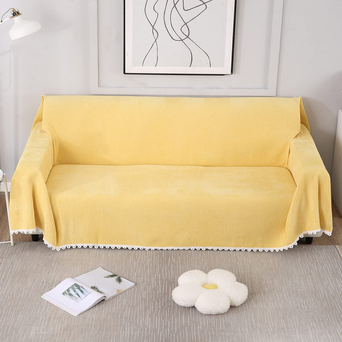 Yellow colour chenille sofa throw cover
