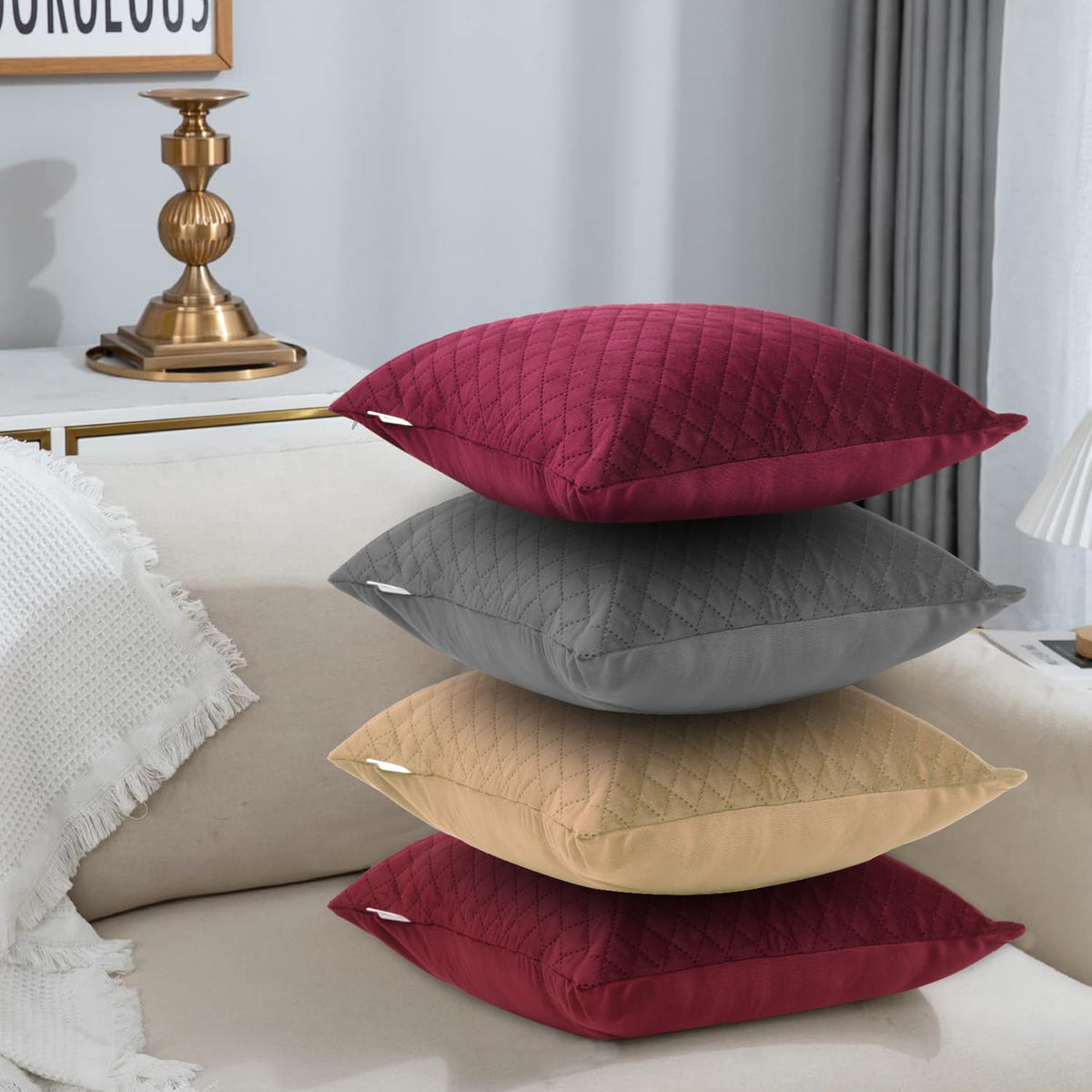 Buy Stylish Wine Colour Cute Zippered Square Quilted Velvet Sofa Cushion Covers