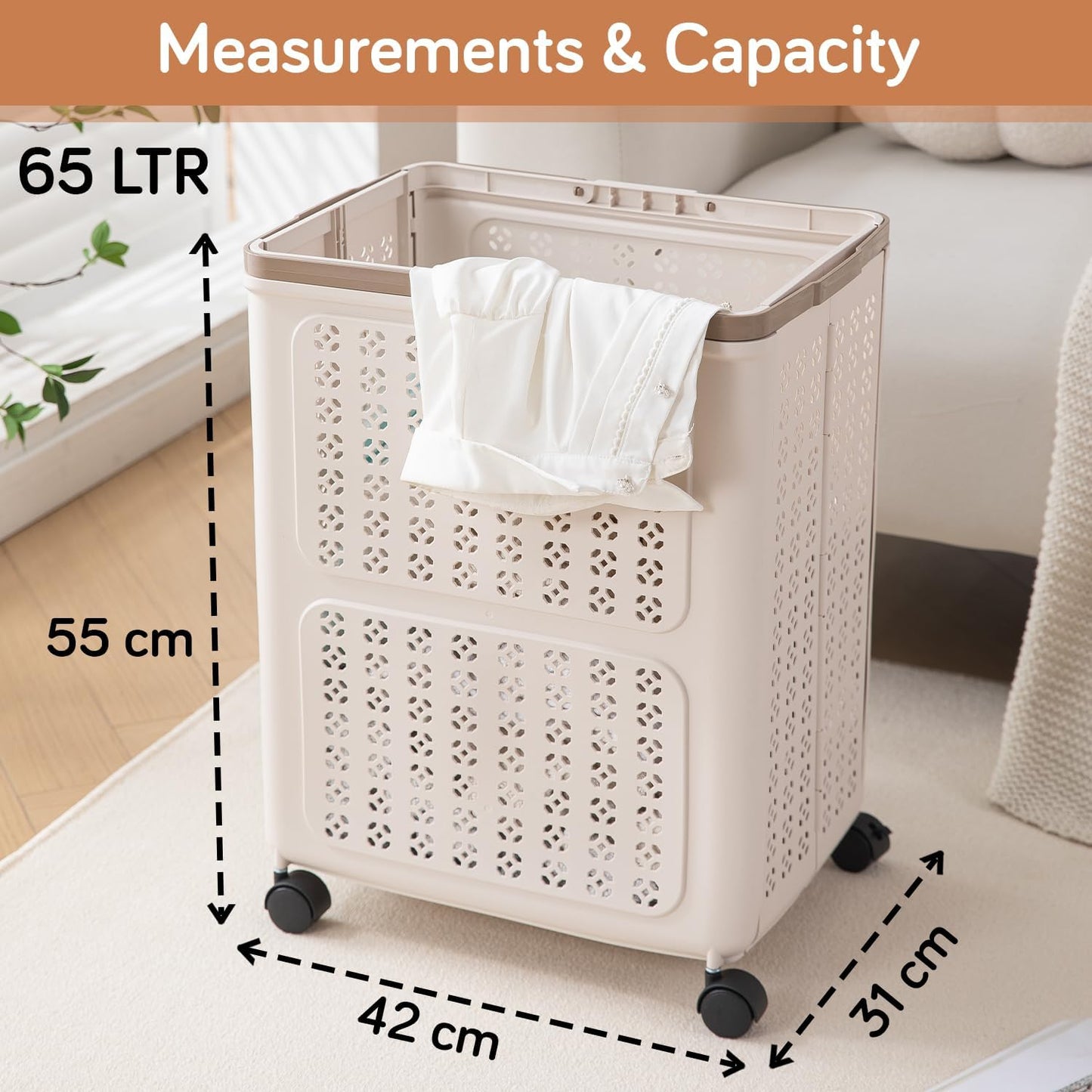 HOKIPO Foldable Laundry Basket with Wheels for Clothes, Toys & More - Beige