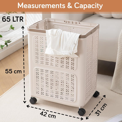 HOKIPO Foldable Laundry Basket with Wheels for Clothes, Toys & More - Beige