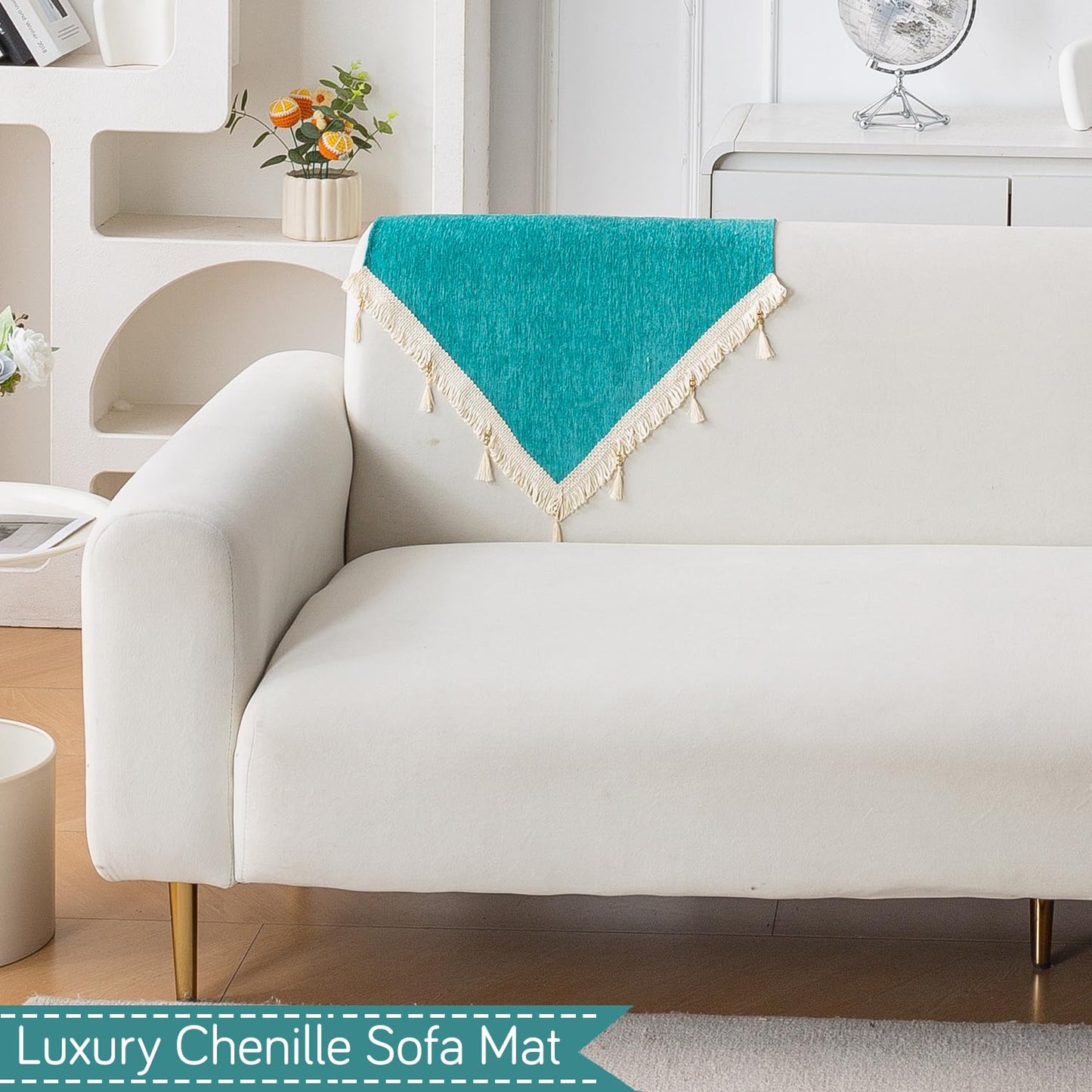 Serenity Tassel Chenille Sofa Cover with Tassel – Ocean Teal
