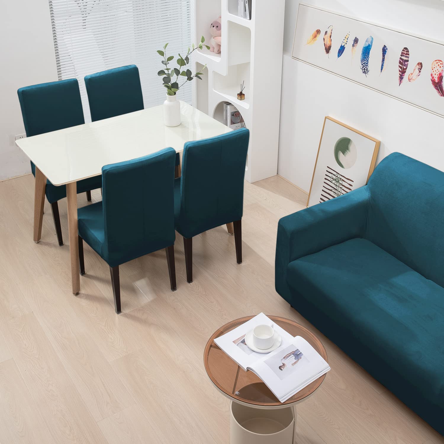 Peacock Blue matching stretchable velvet chair and sofa covers