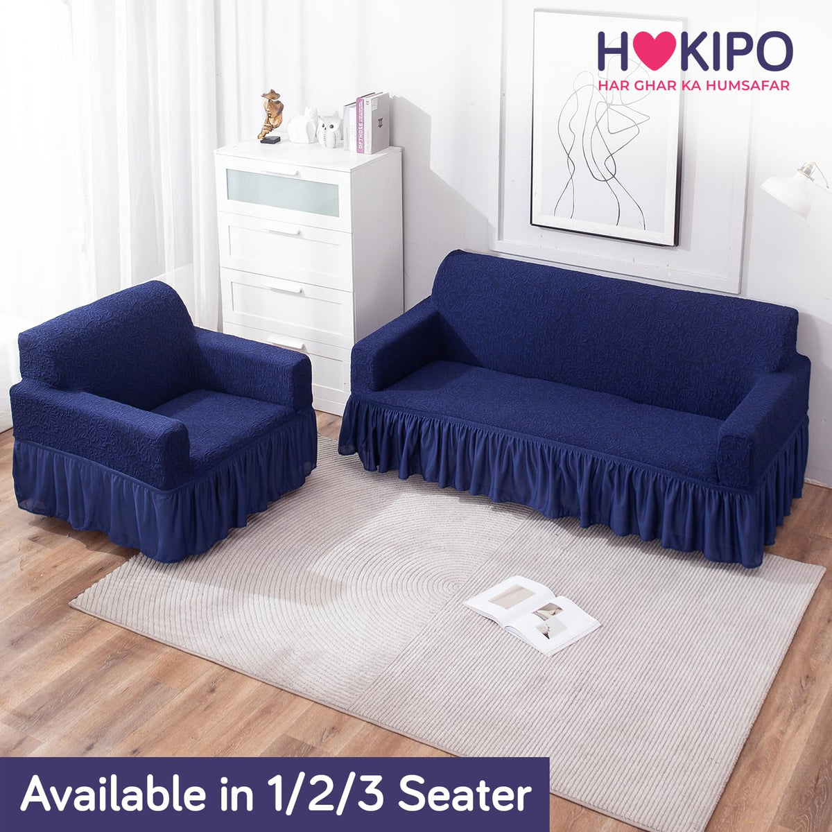 Elastic Stretchable Designer Woven Jacquard Sofa Cover with Frill, Navy Blue
