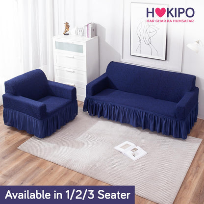 Elastic Stretchable Designer Woven Jacquard Sofa Cover with Frill, Navy Blue