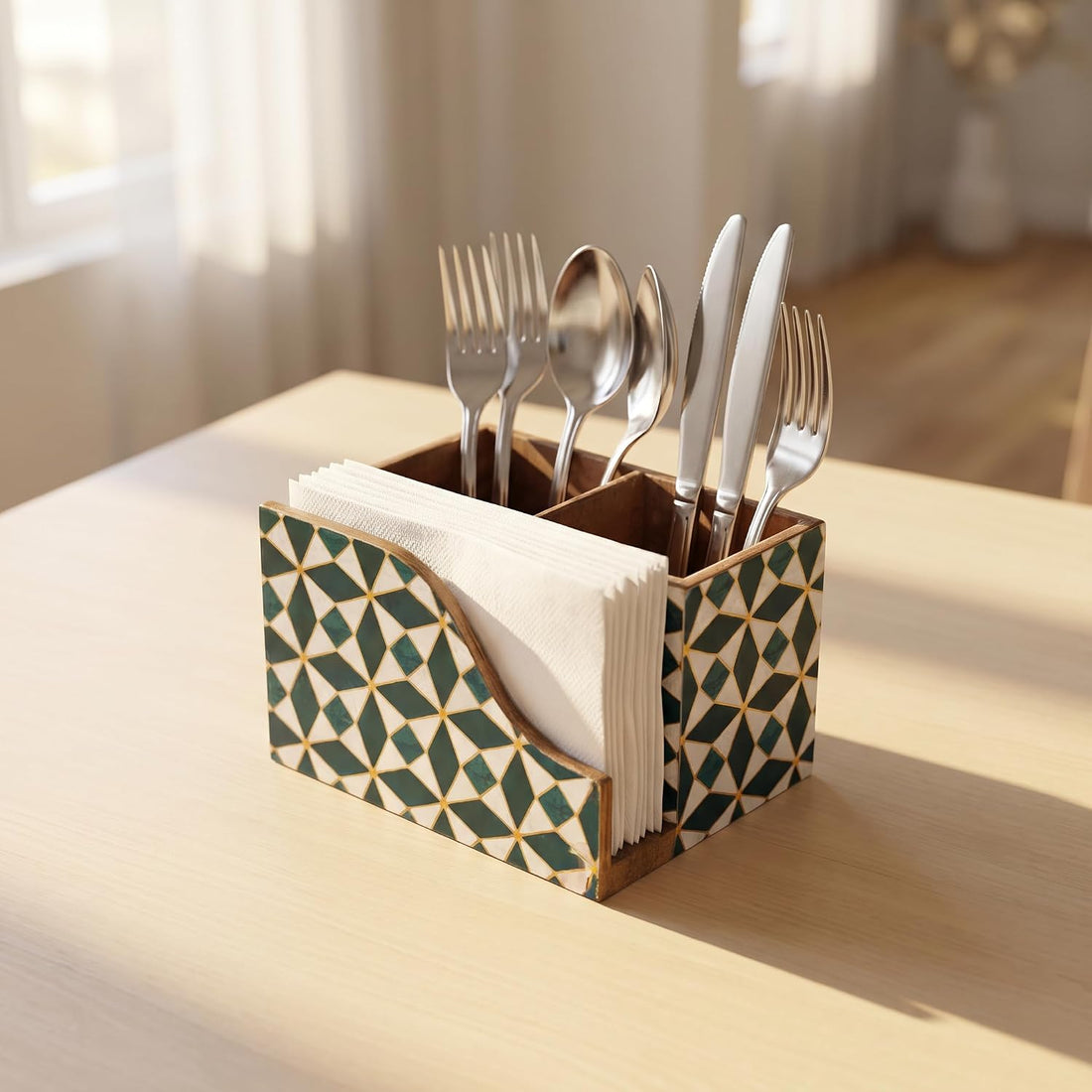 HOKIPO Cutlery Holder with Napkin Stand, Engineered Wood, Moroccan Prism - image 1