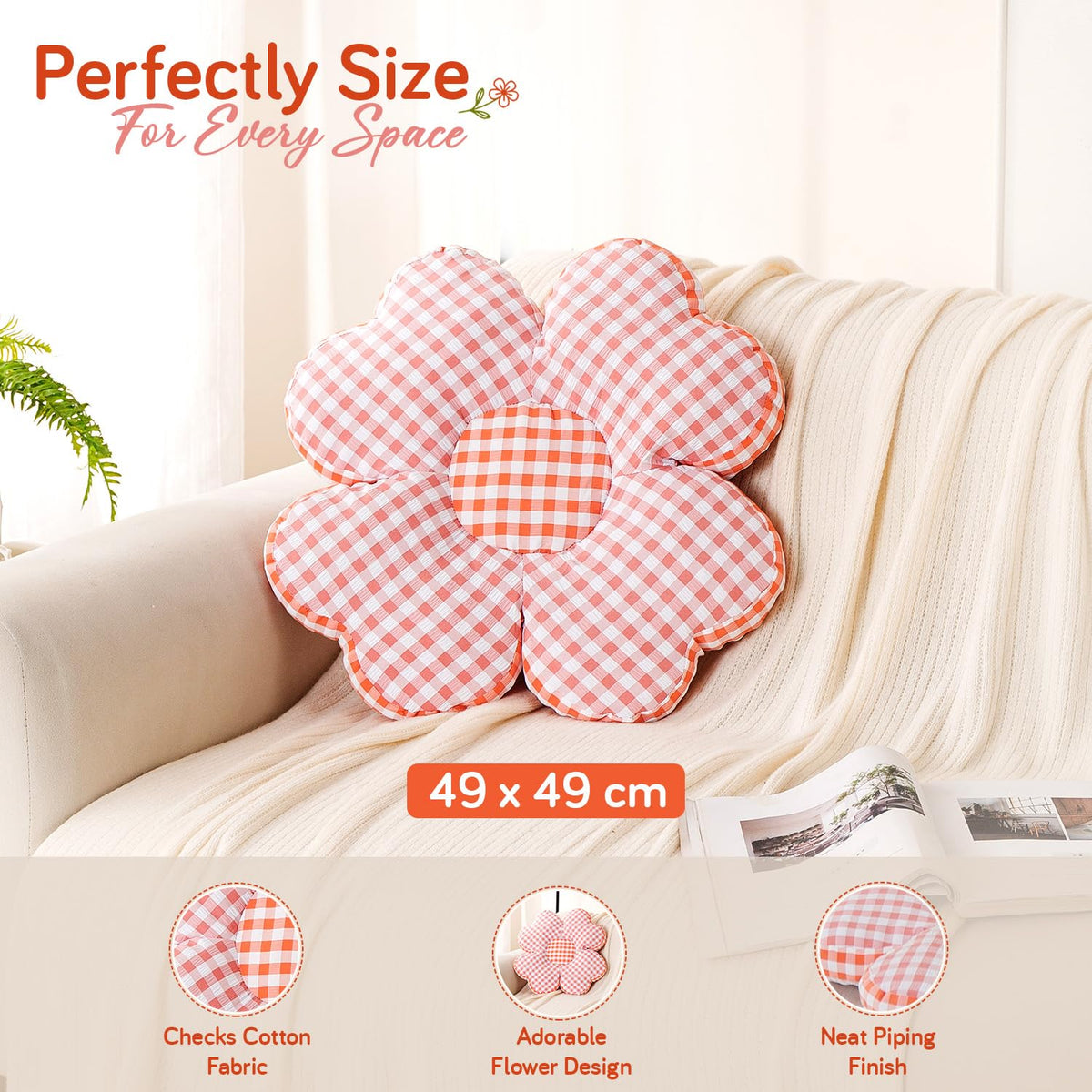 HOKIPO Checkered Daisy Flower Cushion for Sofa & Bed, 49 cm, Pink
