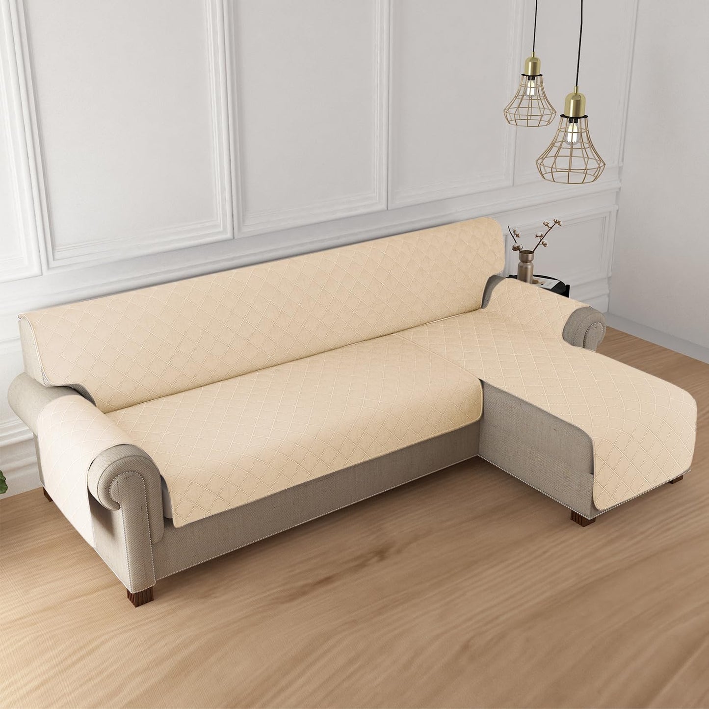 HOKIPO Quilted Reversible One Piece L Shape 4/5/6 Seater Sofa Cover Mat, Beige