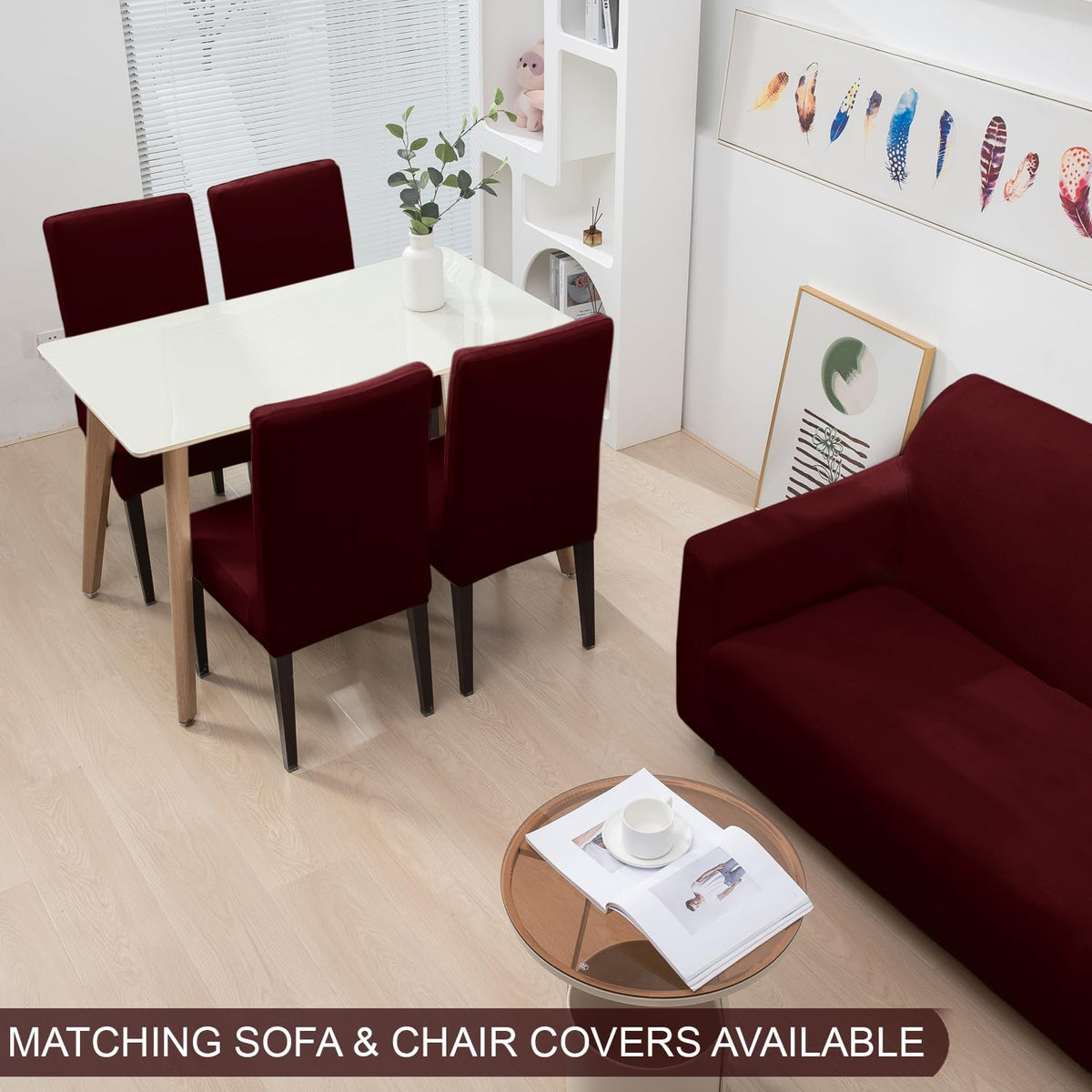 Burgundy Colour matching velvet elastic covers for sofa and chair
